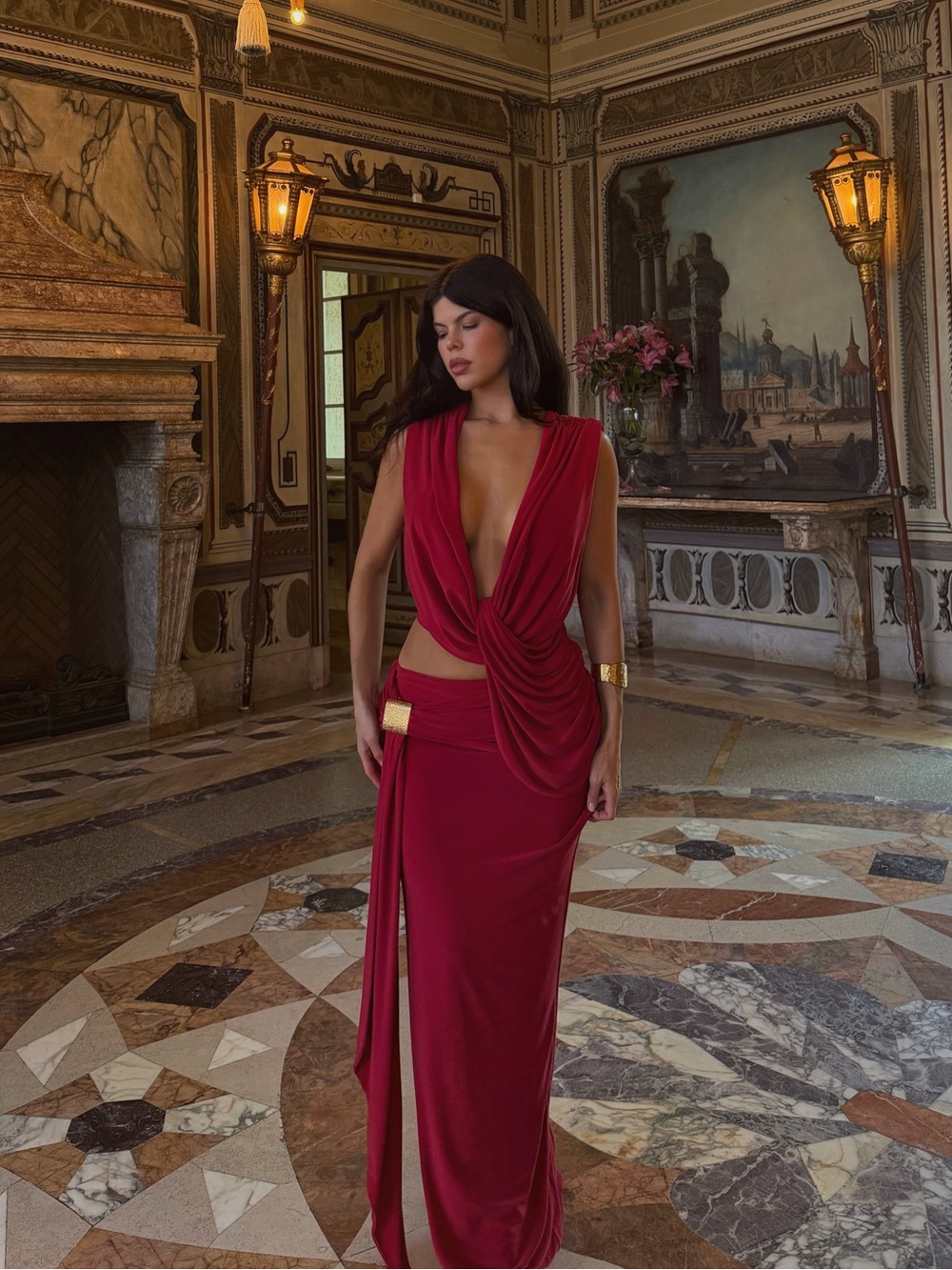 Red Extreme Plunge-Neck Top and skirt
